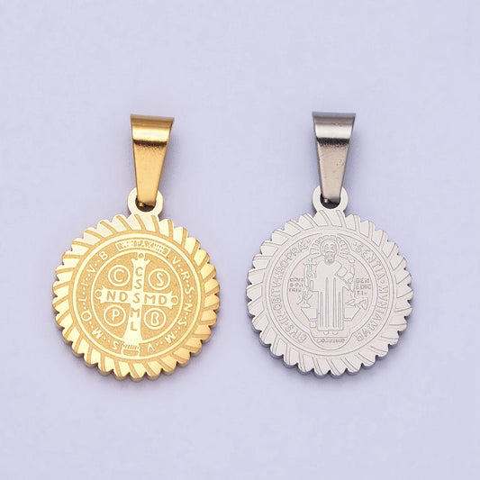 Dainty st benedict medal stainless steel gold religious pendant men women, saint benedict pendant charm double sided j664
