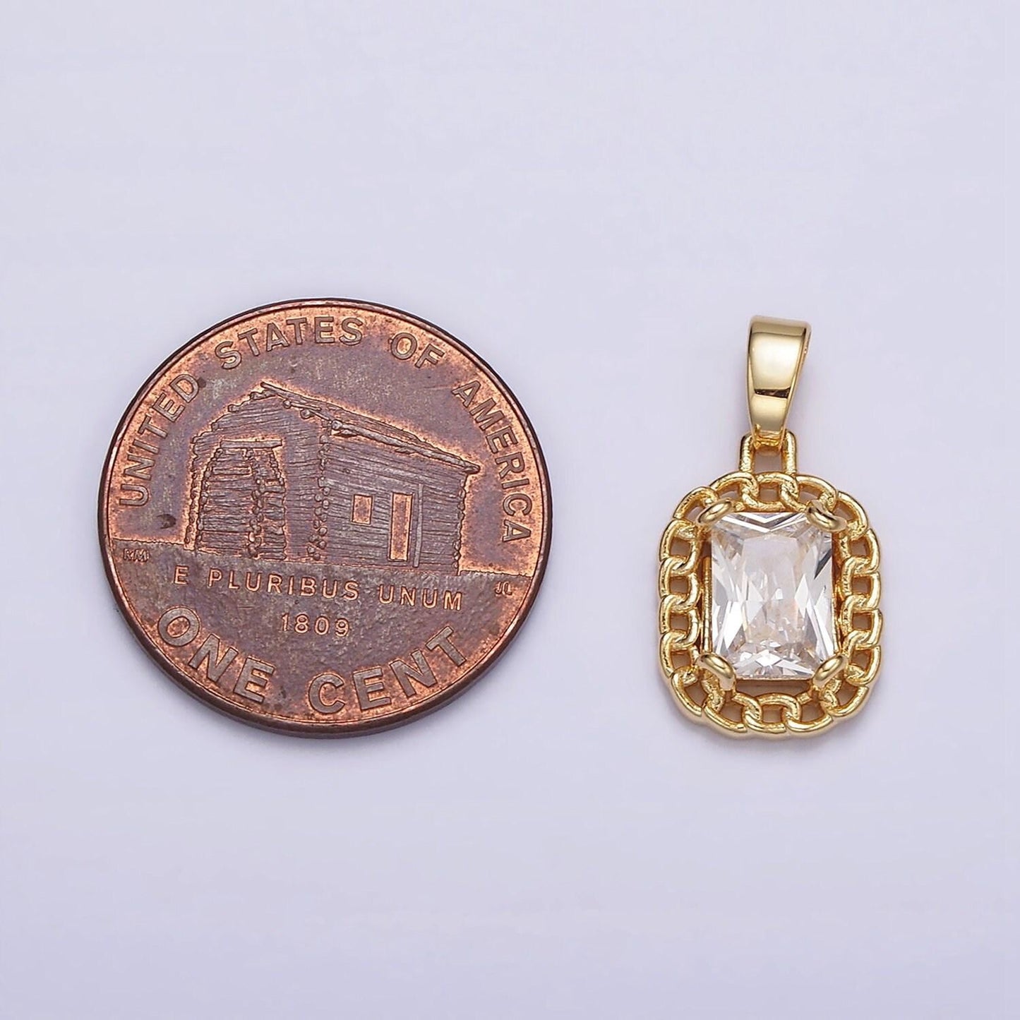 Dainty clear cubic zirconia emerald cut stone pendant tag charm with curb link frame j611