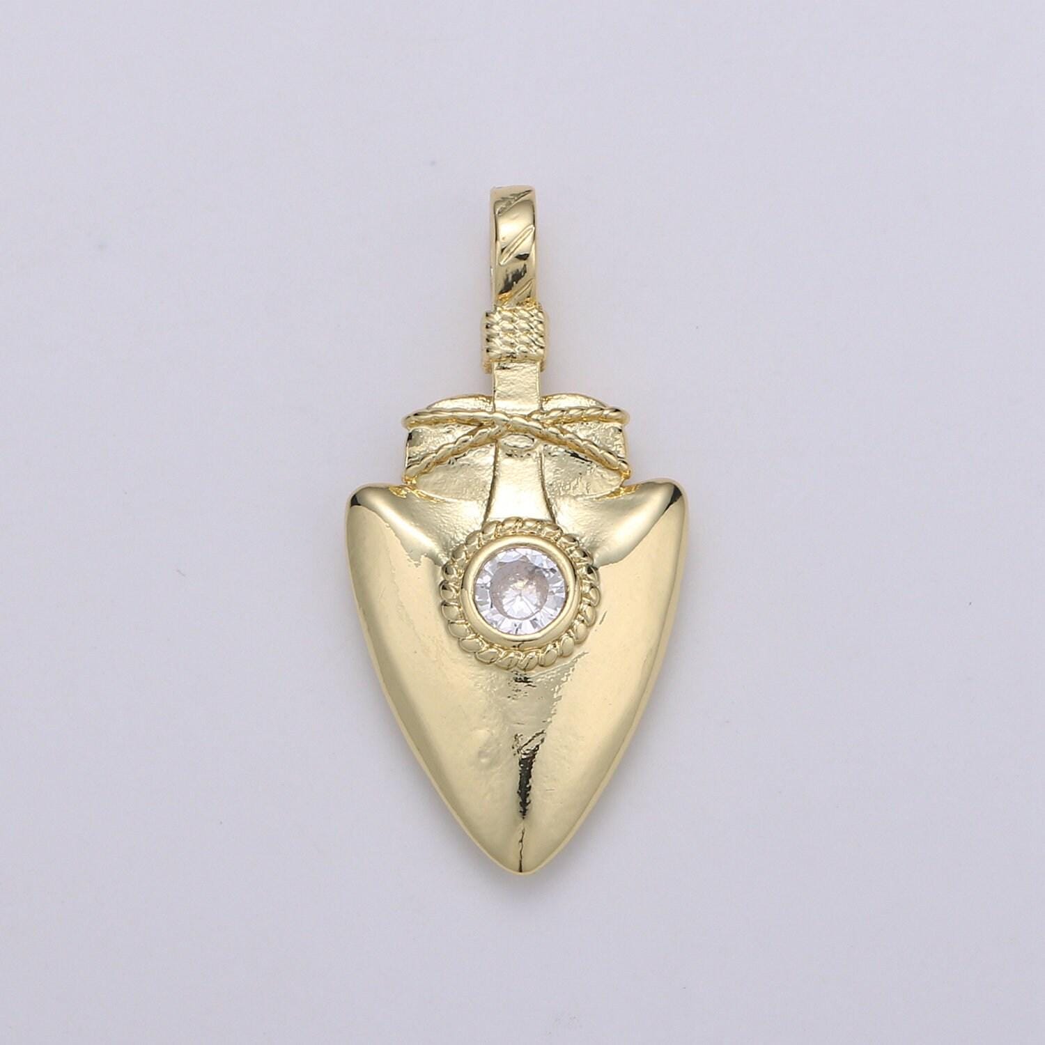 1pc 14k gold solitarire cz shield charm, cubic zirconia shield pendant charm, charm, for diy jewelry, j-61