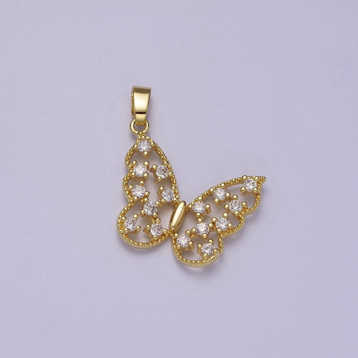 Micro pave clear cz butterfly wings pendant, cubic zirconia mariposa insect pendant for jewelry making, j-595