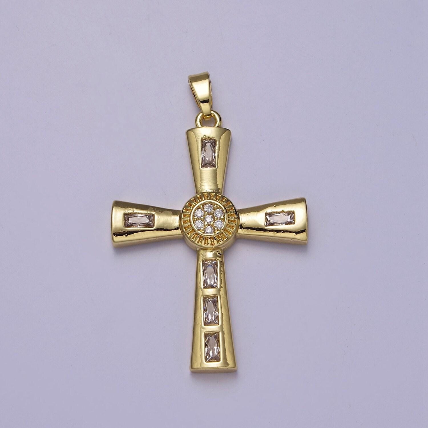 Gold multicolor/clear baguette cubic zirconia cz religious cross pendant charm for jewelry necklace making, j-593 j-594