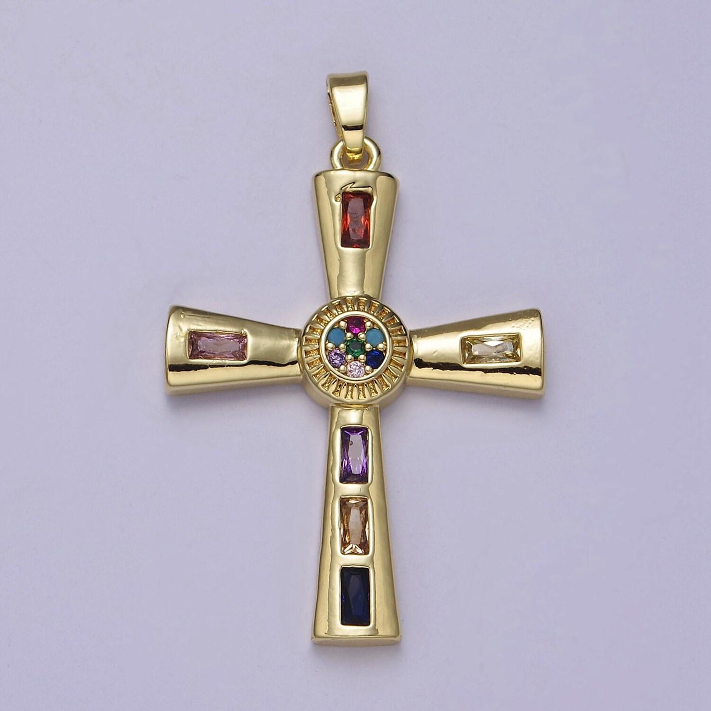 Gold multicolor/clear baguette cubic zirconia cz religious cross pendant charm for jewelry necklace making, j-593 j-594