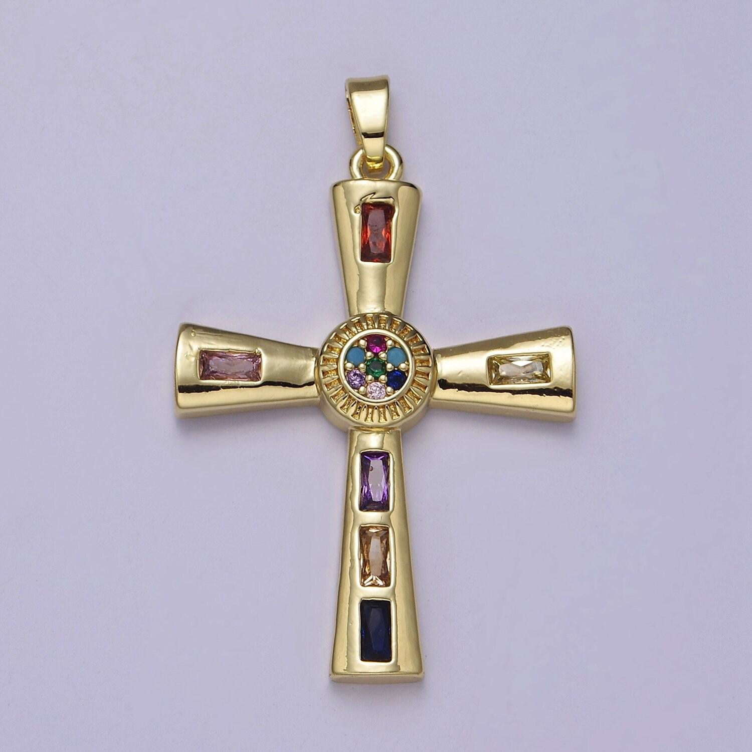 Gold multicolor/clear baguette cubic zirconia cz religious cross pendant charm for jewelry necklace making, j-593 j-594