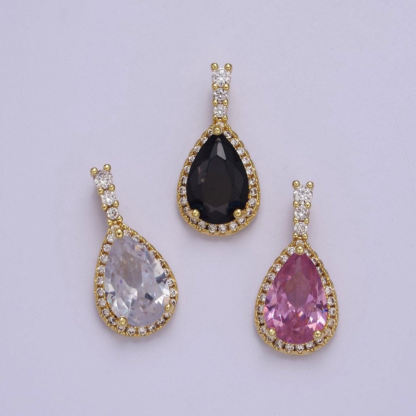 Gold micro pave teardrop pink, clear, black cubic zirconia cz pendant charm for jewelry necklace making, j-562