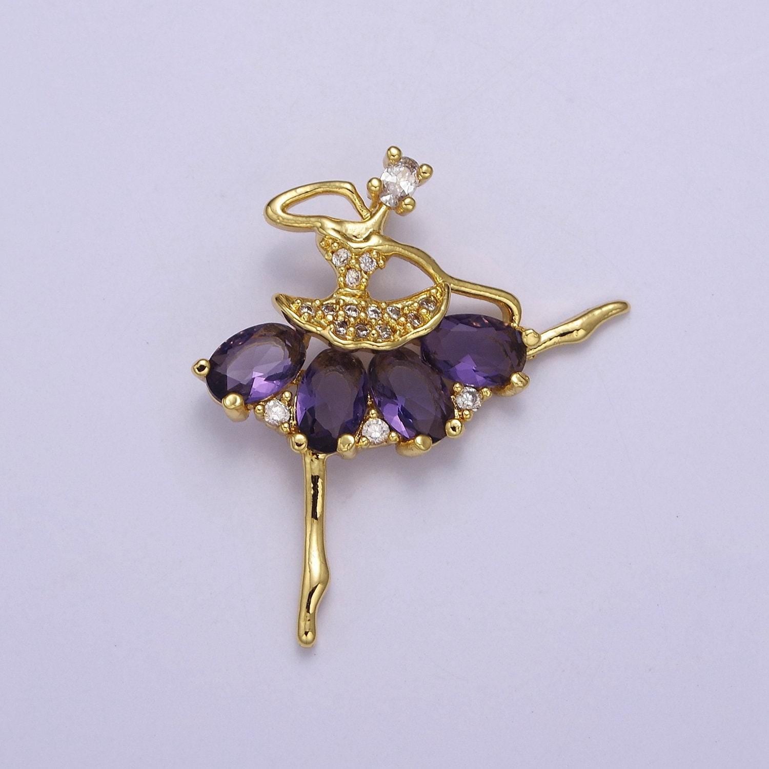 Gold ballerina dancer with tutu cubic zirconia, sport ballet pendant charm for jewelry necklace making, j-550