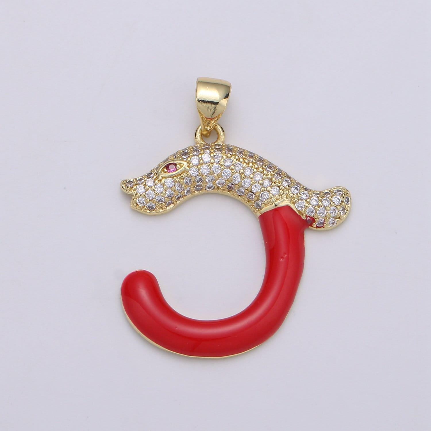 14k gold cubic red eye snake pendant, cz cluster pendant, lucky charm, red enamel hook cz pave pendant, 1925
