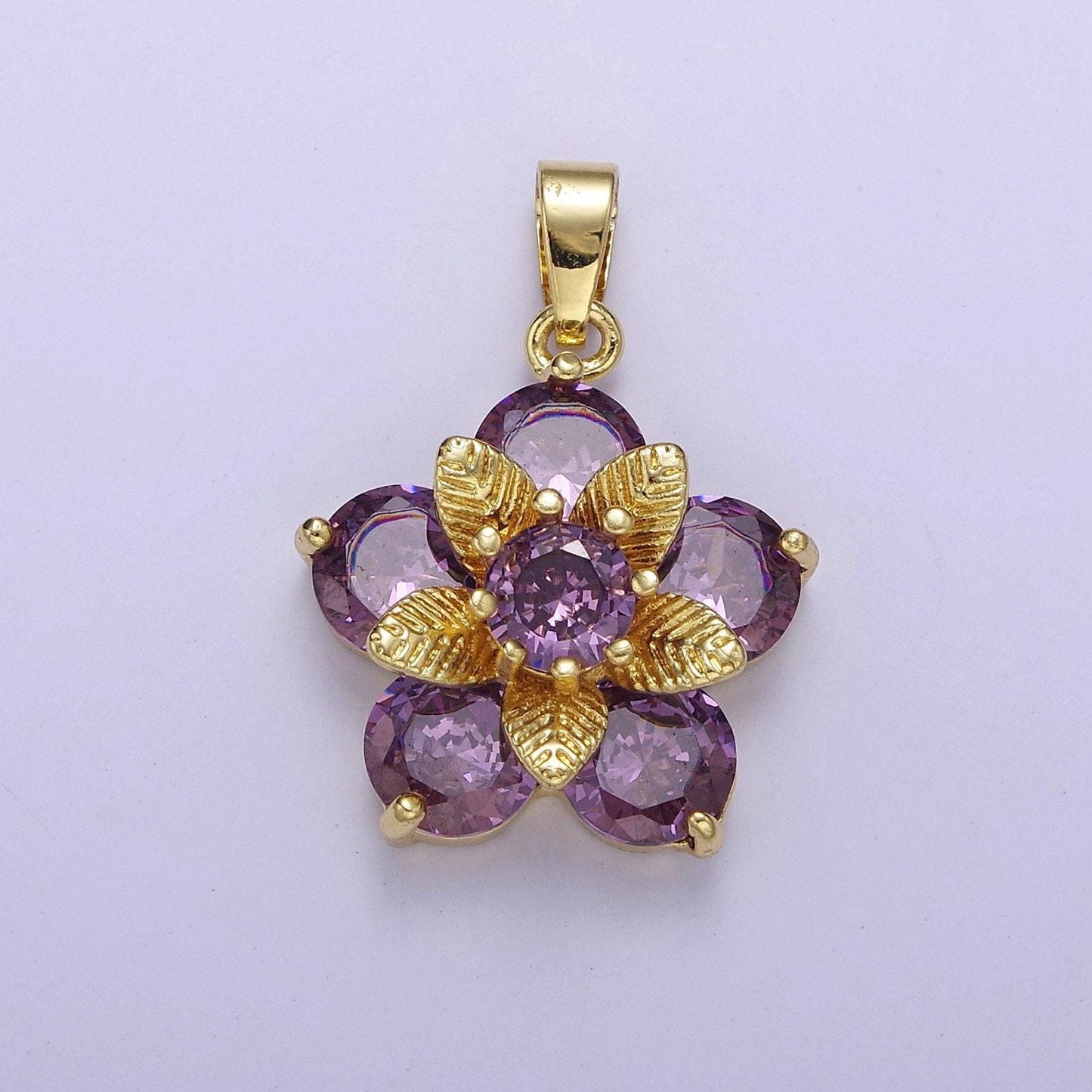 Gold daisy with amethyst purple cubic zirconia cz, flower pendant for jewelry necklace making, j-527