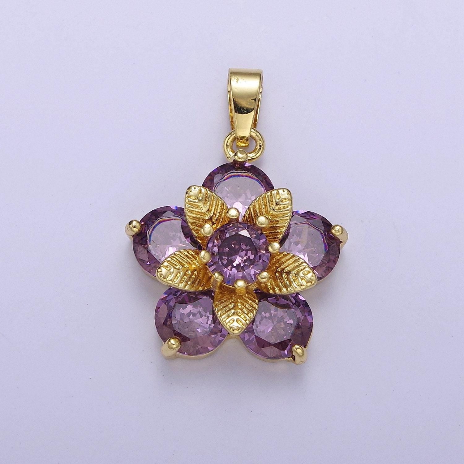 Gold daisy with amethyst purple cubic zirconia cz, flower pendant for jewelry necklace making, j-527