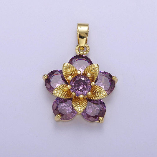 Gold daisy with amethyst purple cubic zirconia cz, flower pendant for jewelry necklace making, j-527