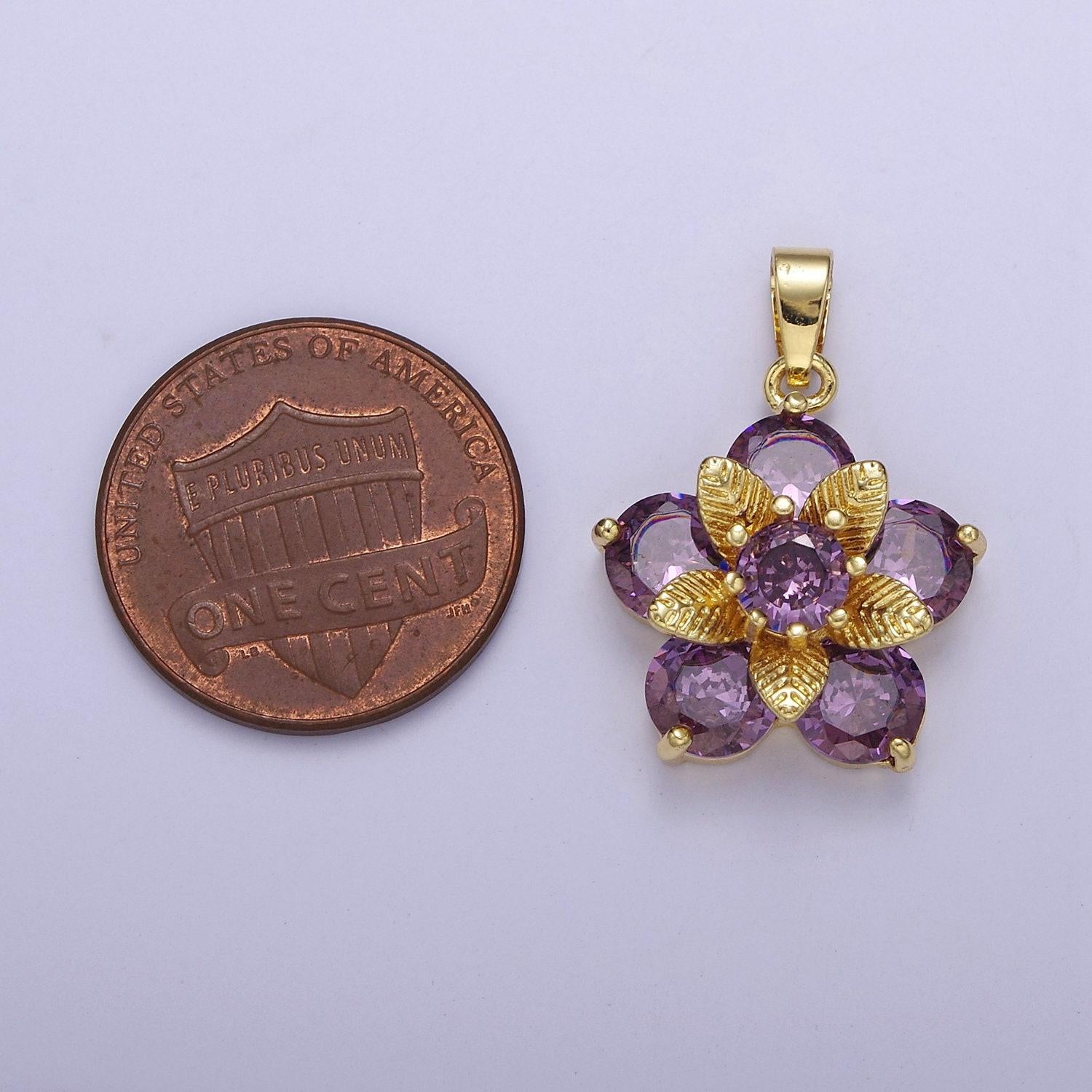 Gold daisy with amethyst purple cubic zirconia cz, flower pendant for jewelry necklace making, j-527