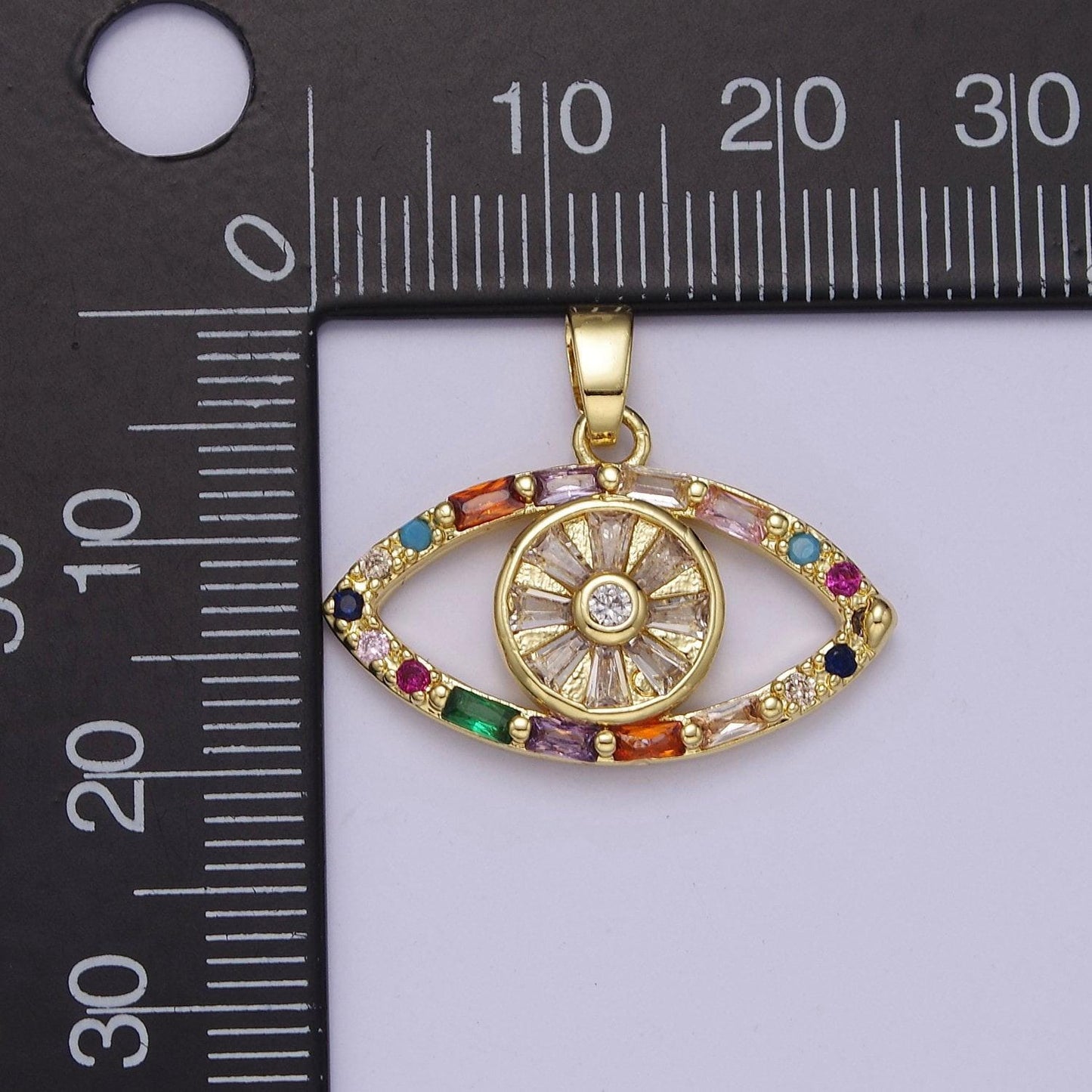 Gold evil eye pendant, micro pave multicolor baguette round cubic zirconia eye of ra protection pendant for jewelry making, j-523