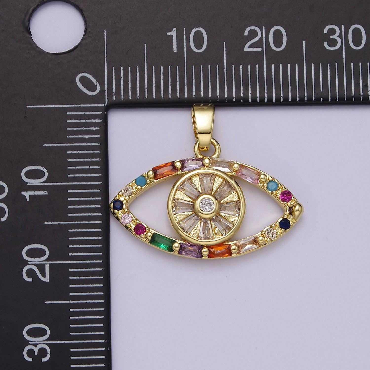 Gold evil eye pendant, micro pave multicolor baguette round cubic zirconia eye of ra protection pendant for jewelry making, j-523