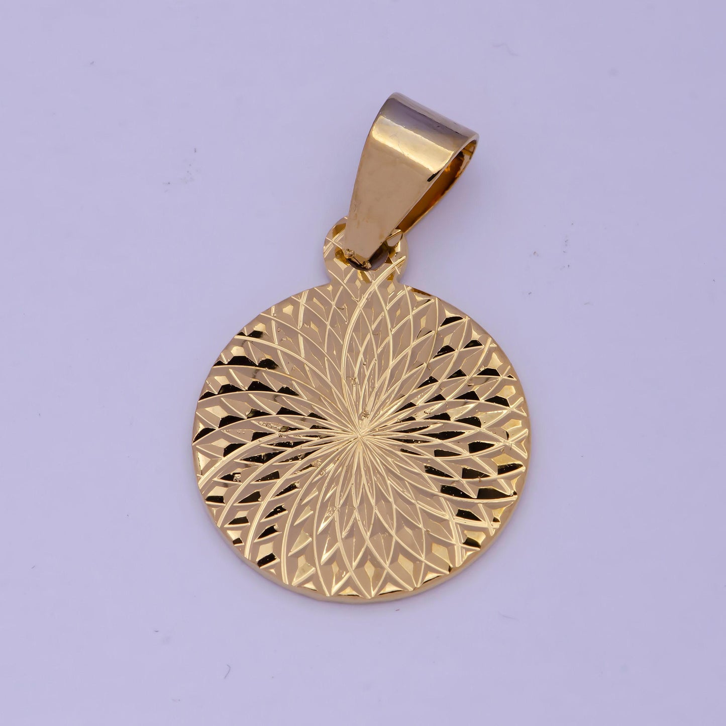 Gold art deco coin pendant, 24k gold plated geometric sunburst round medallion charm | j-503
