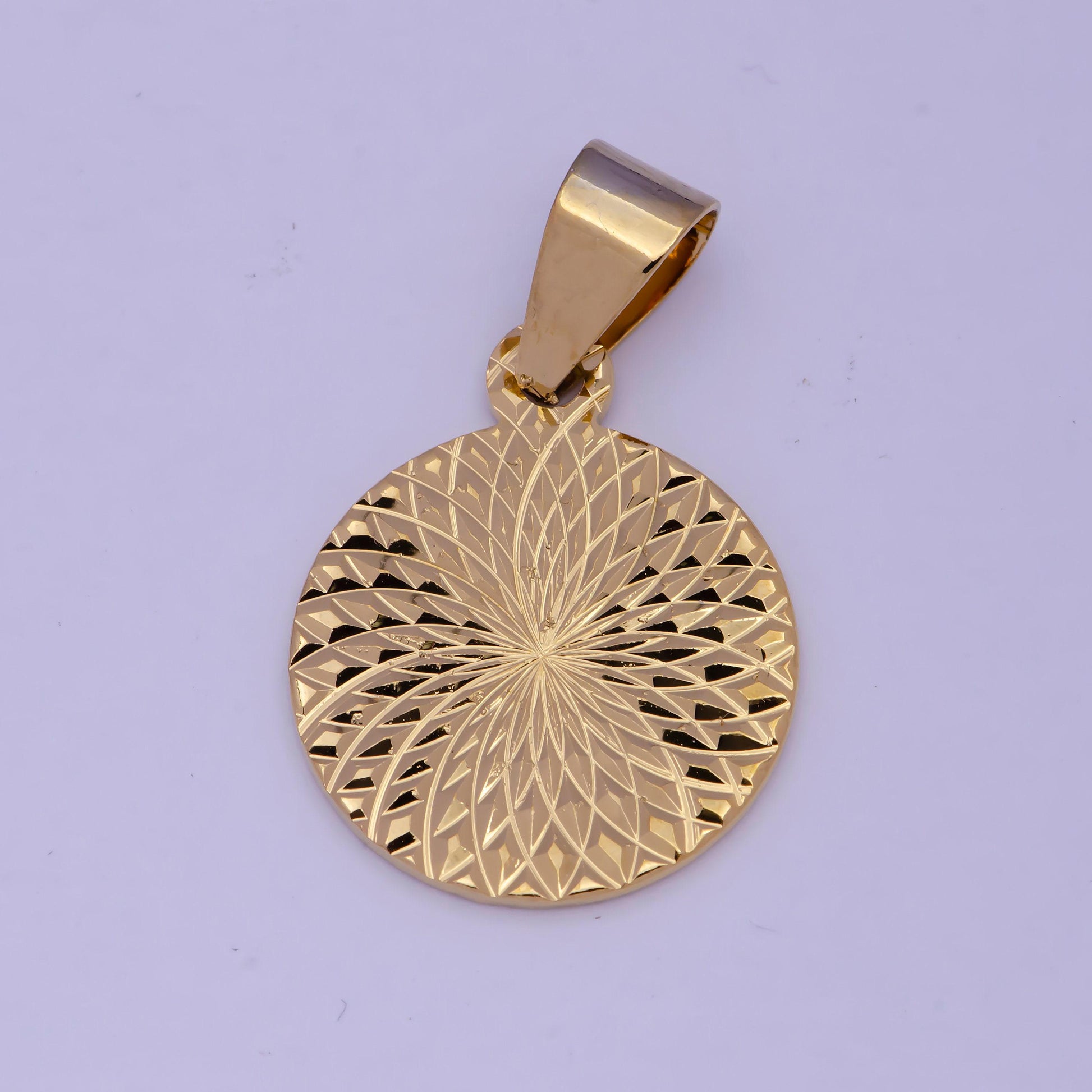 Gold art deco coin pendant, 24k gold plated geometric sunburst round medallion charm | j-503
