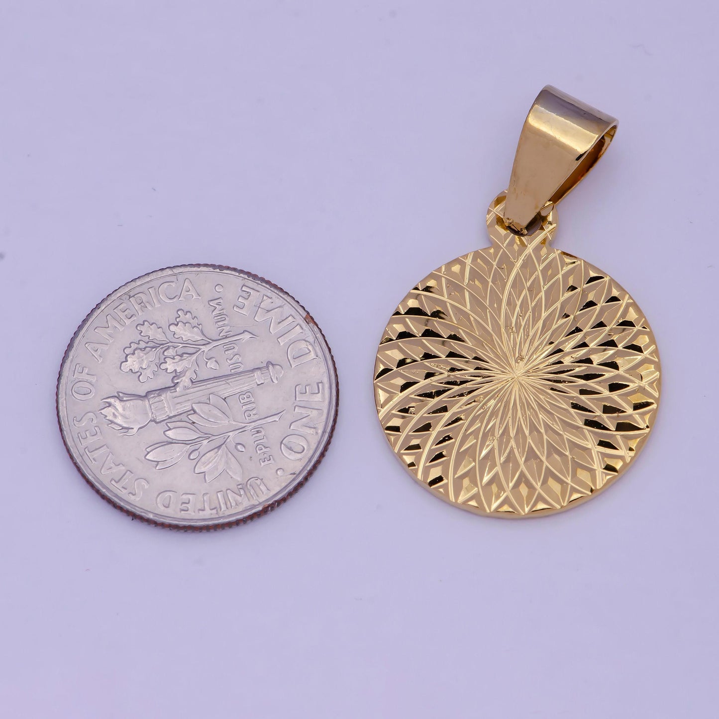 Gold art deco coin pendant, 24k gold plated geometric sunburst round medallion charm | j-503