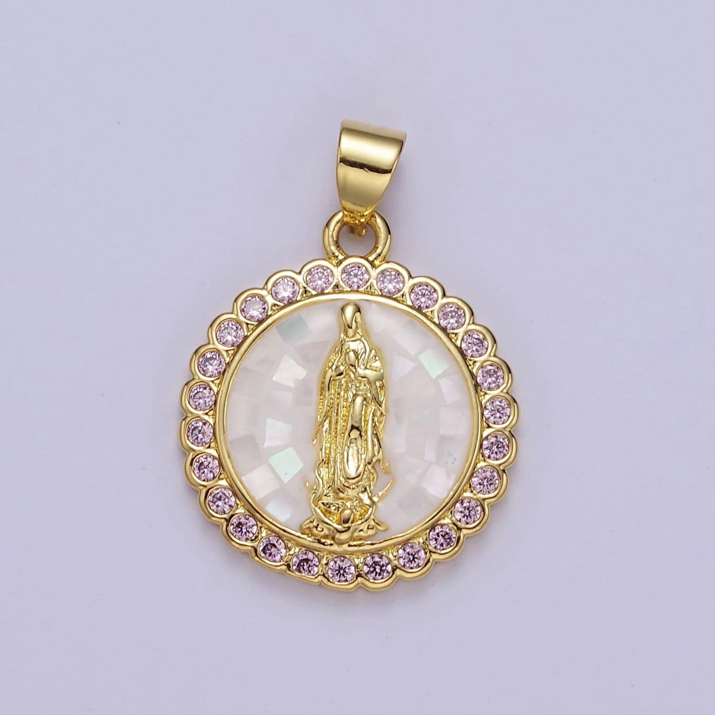 Pink opal lady guadalupe charm for necklace, dainty coin virgin mary pendant for religious jewelry making supply in gold filled j-494