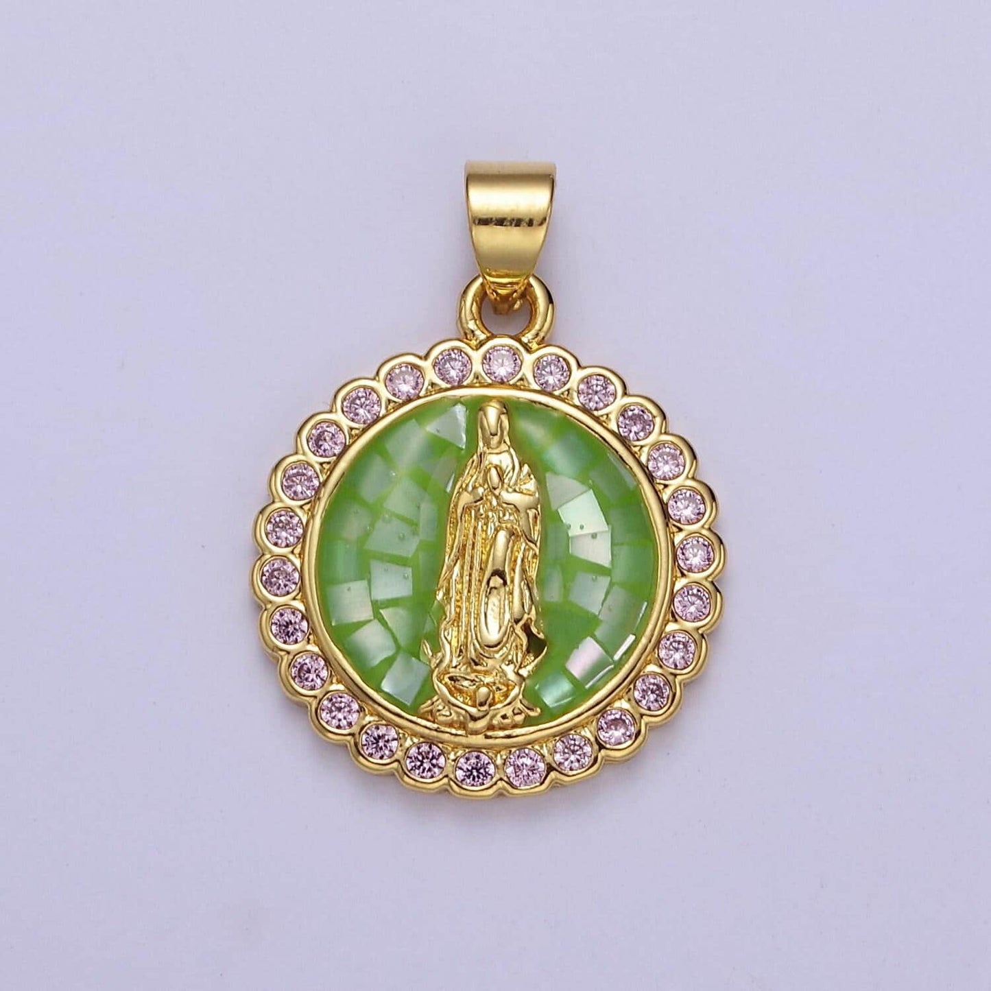 Pink opal lady guadalupe charm for necklace, dainty coin virgin mary pendant for religious jewelry making supply in gold filled j-494