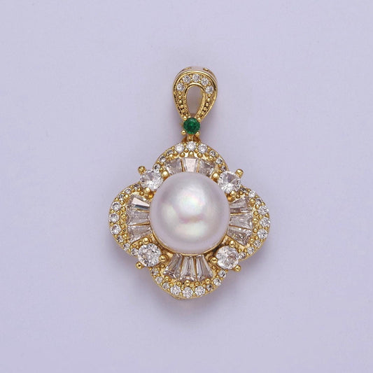 Gold vintage style pearl pendant with clear cubic zirconia stone charm for minimalist jewelry dangle charm j-450