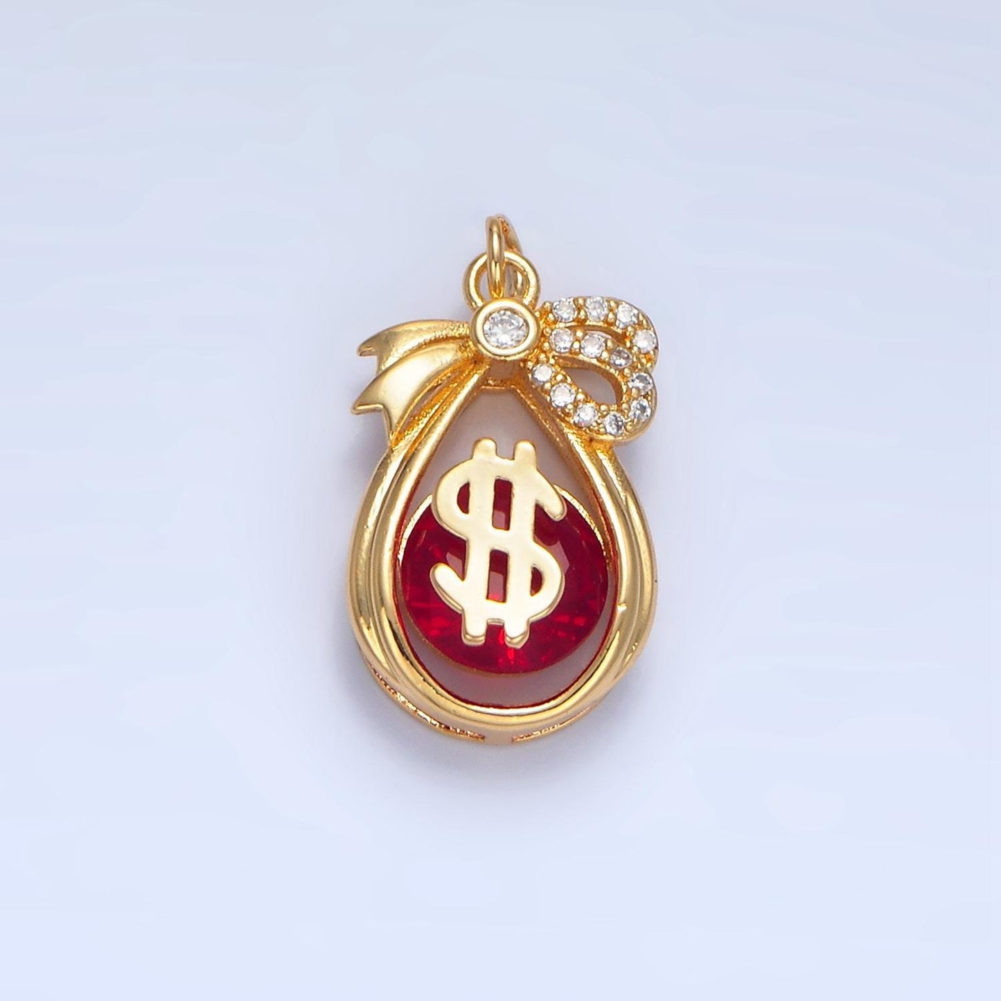 Red cz micro paved 24k gold filled open teardrop money bag charm | w-083