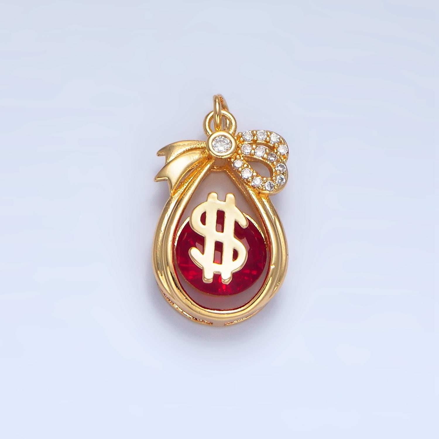 Red cz micro paved 24k gold filled open teardrop money bag charm | w-083