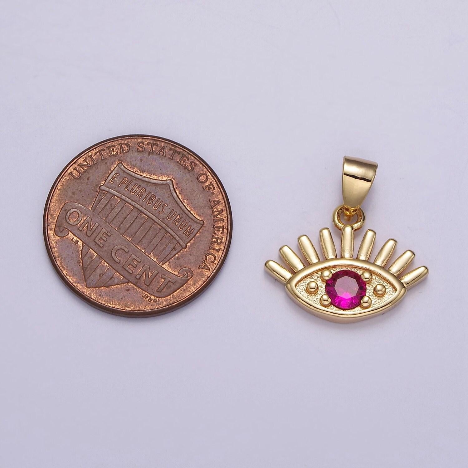 Mini gold evil eye pendant fuschia pink cz stone eye charm j-403