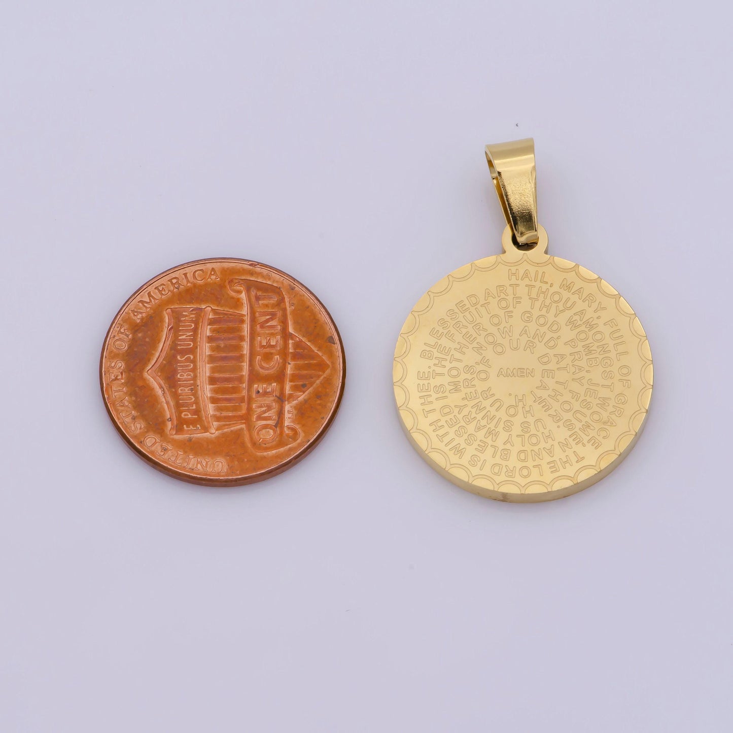 Hail mary prayer necklace pendant 24kt gold filled religious charm gold coin medallion necklace, dios te salve maria necklace pendant
