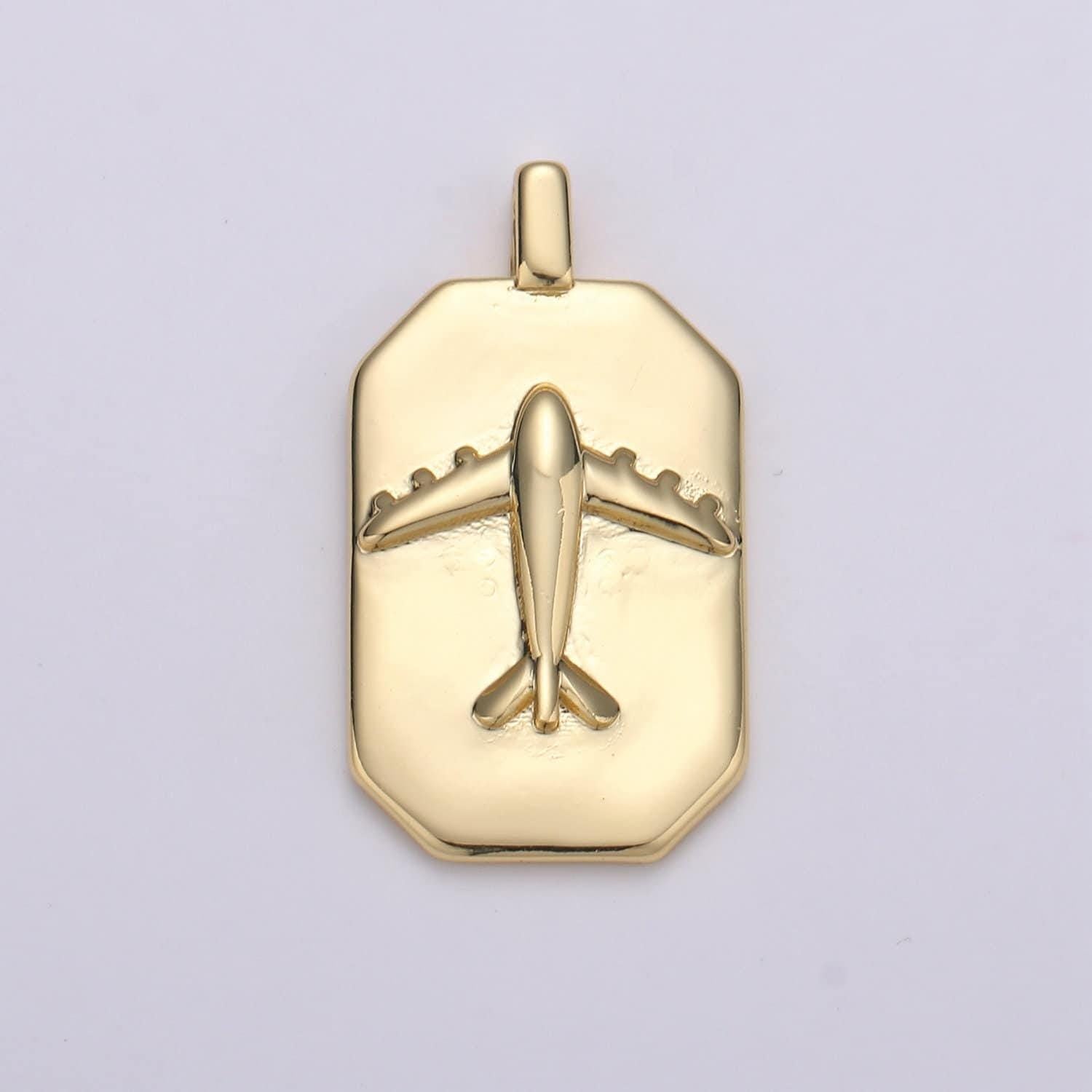 14k gold airplane charm- rectangle medallion airplane pendant - dainty charm - for necklace bracelet earring component