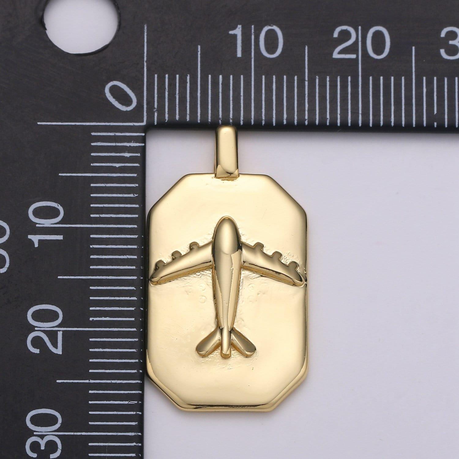14k gold airplane charm- rectangle medallion airplane pendant - dainty charm - for necklace bracelet earring component