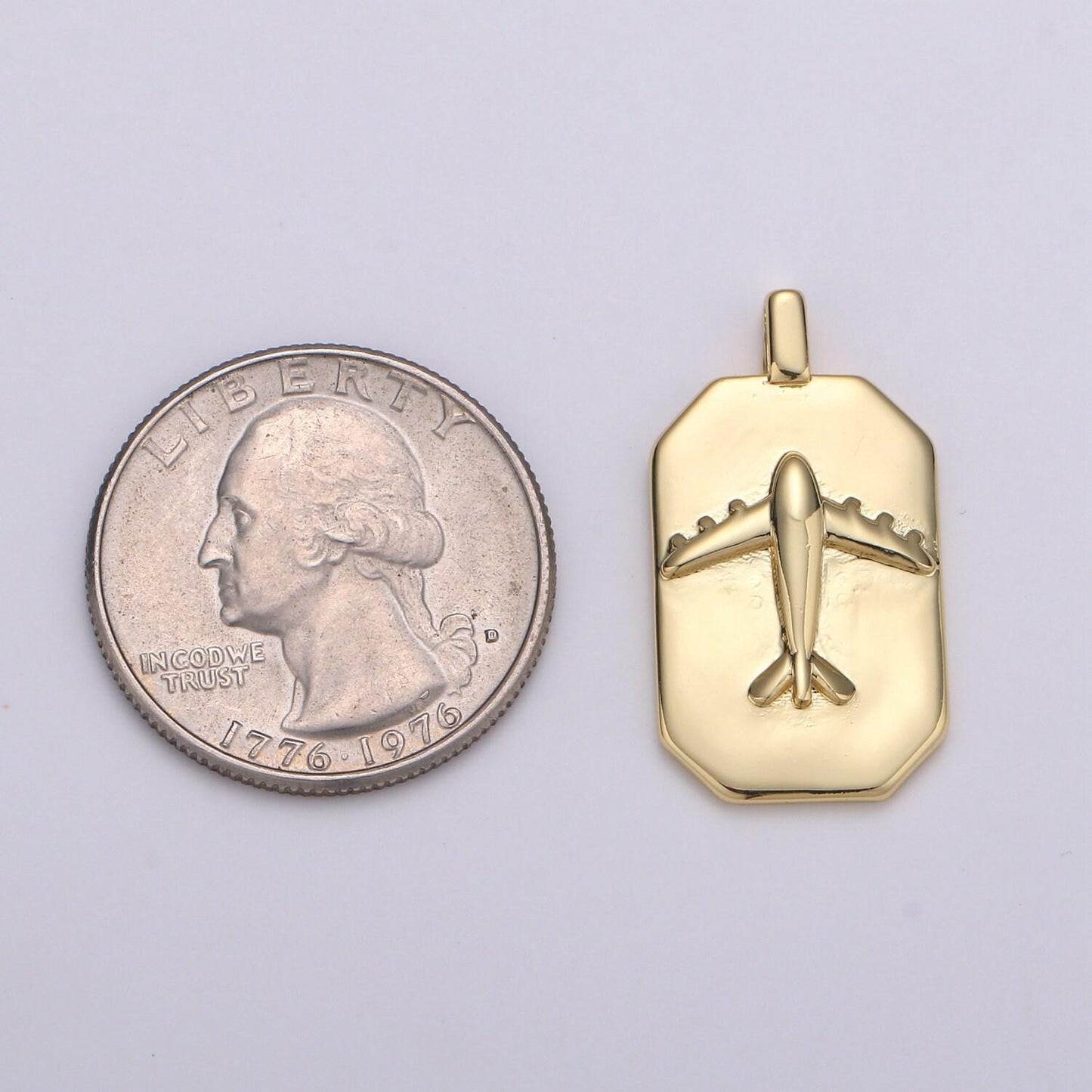 14k gold airplane charm- rectangle medallion airplane pendant - dainty charm - for necklace bracelet earring component