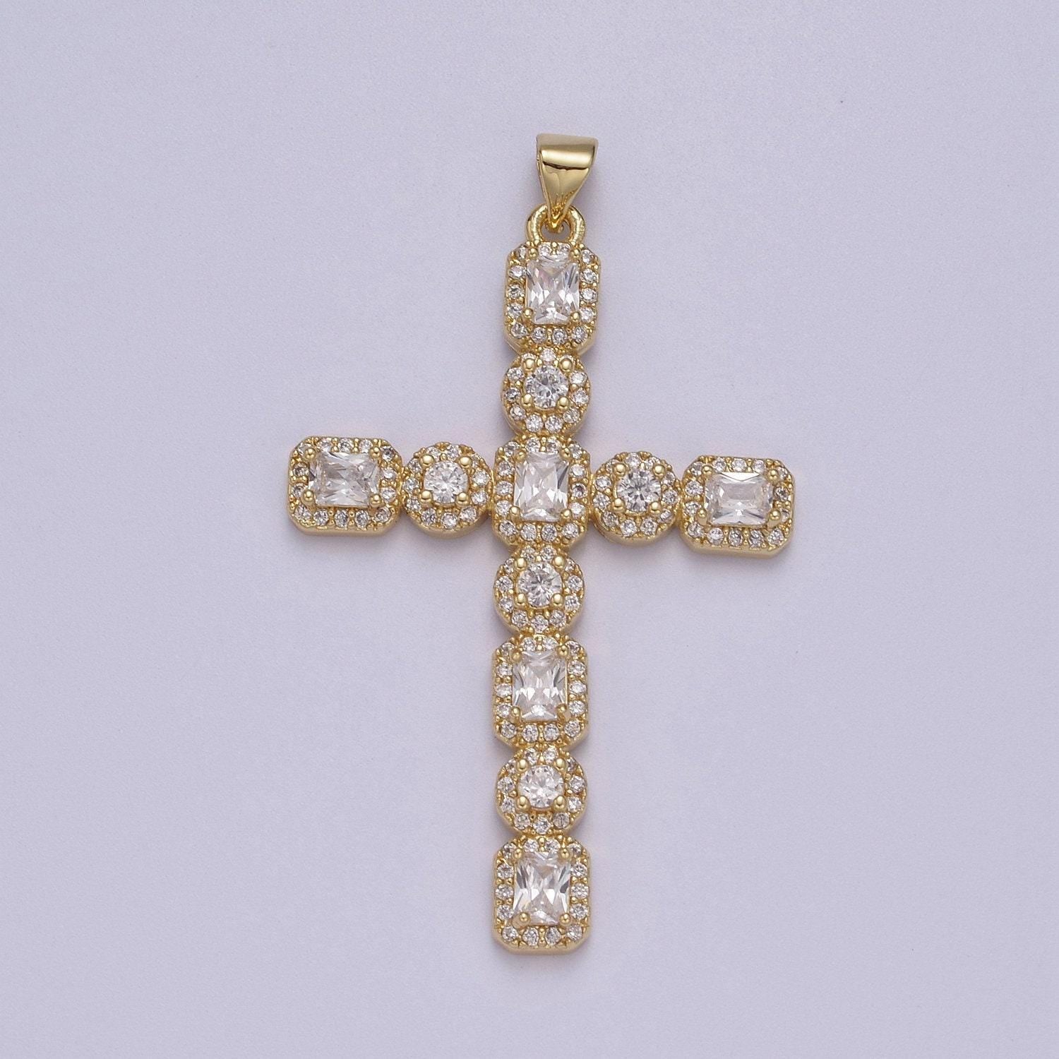 Big cz long gold cross pendant, gold filled cross cz charm, cubic zirconia cross, religious jewelry, rosary pendant j-338