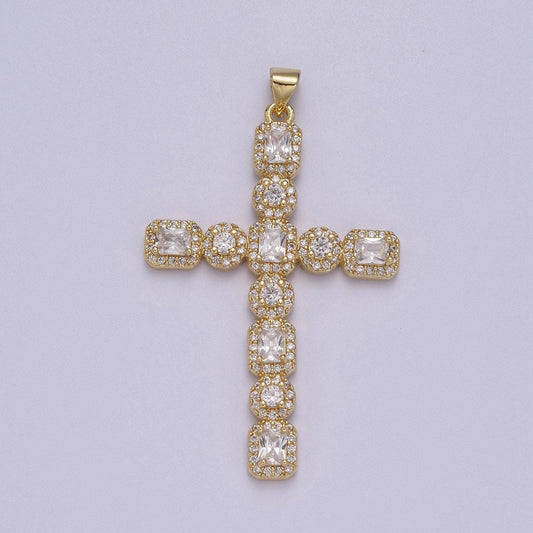 Big cz long gold cross pendant, gold filled cross cz charm, cubic zirconia cross, religious jewelry, rosary pendant j-338