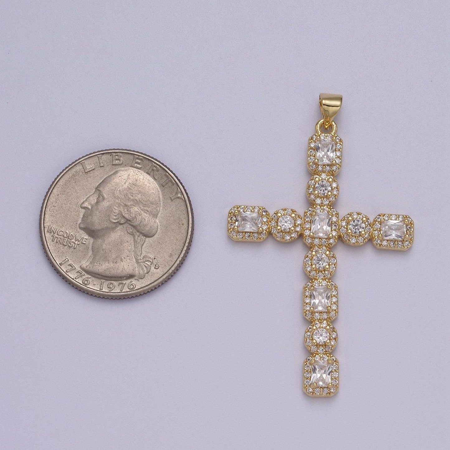 Big cz long gold cross pendant, gold filled cross cz charm, cubic zirconia cross, religious jewelry, rosary pendant j-338