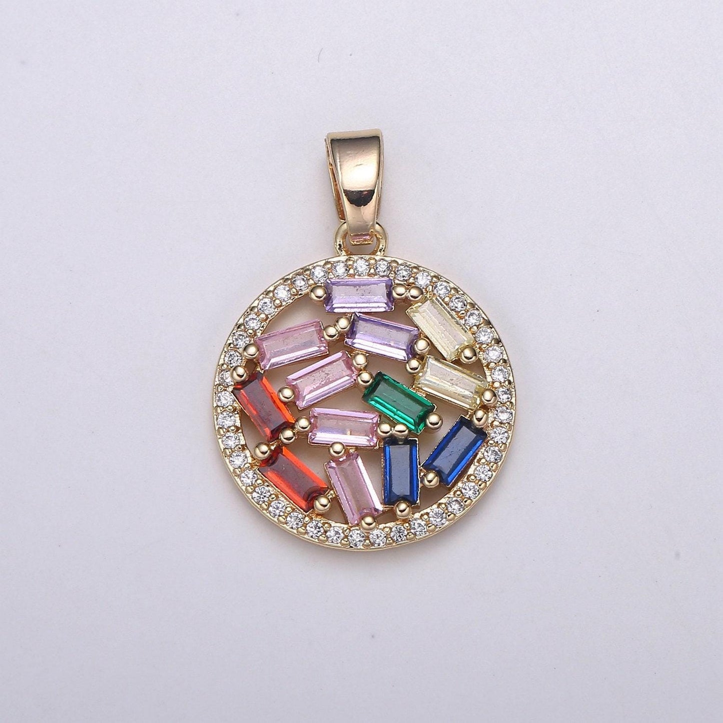 26x18mm 18k rose gold round charms, multi color baguette cz pendant, pave cz circle charm for minimalist jewelry supply, j-285