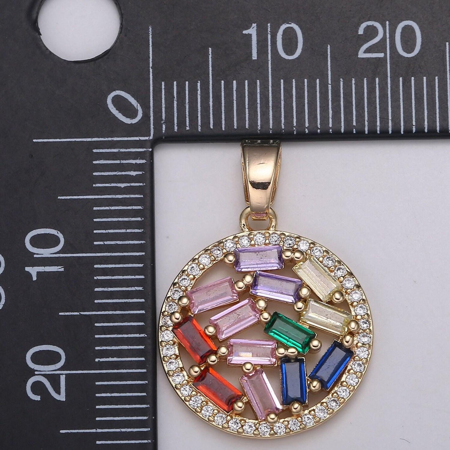 26x18mm 18k rose gold round charms, multi color baguette cz pendant, pave cz circle charm for minimalist jewelry supply, j-285