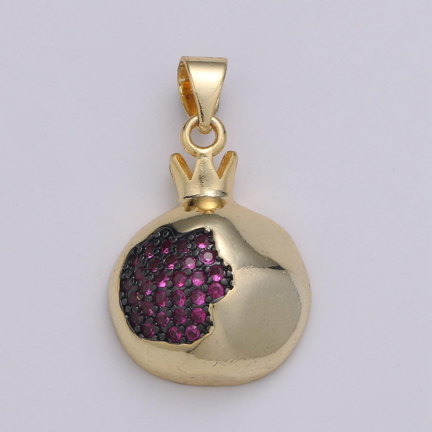 1pc pemogranate 24k gold charm, purple seed fruit pendant charm, dainty charm, green leaf pendant, gold color, pdgf-2122