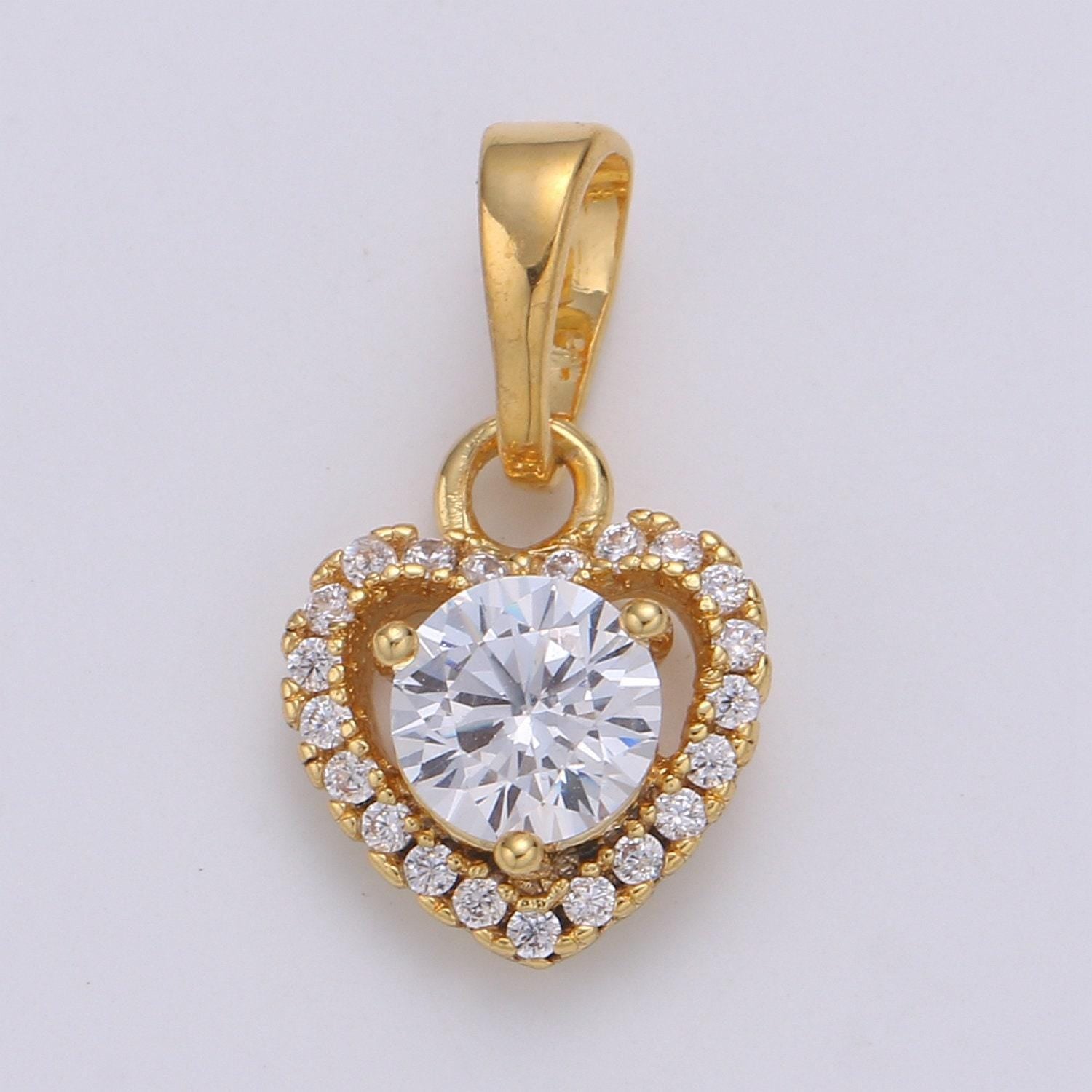 Dainty micro pave heart pendant with big clear cz, cz solitaire love charm for valentine jewelry gift making supply necklace j-223