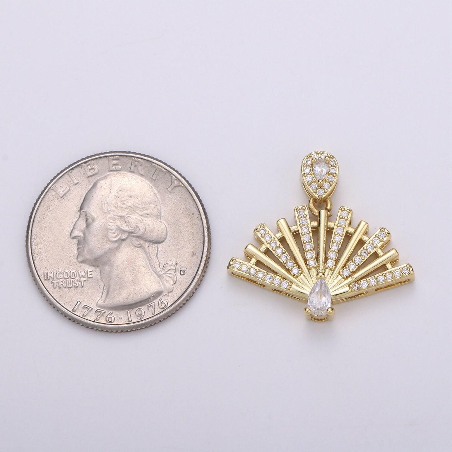 Peacock 24k gold filled micro pave pendant cubic zirconia hand fan pendant charm, pear shape cut zirconia charm for diy jewelry pdgf-002019