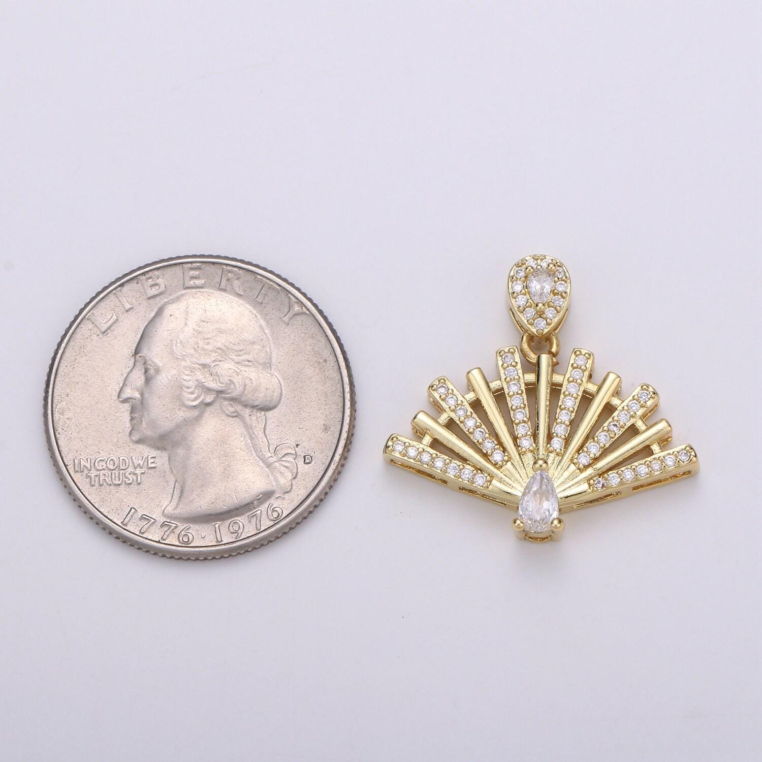 Peacock 24k gold filled micro pave pendant cubic zirconia hand fan pendant charm, pear shape cut zirconia charm for diy jewelry pdgf-002019