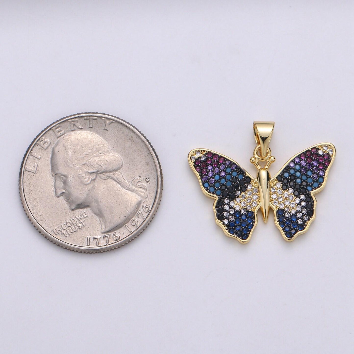 Blue gradation butterfly micro pave 24k gold pendant, cubic zirconia butterfly pendant charm connector, for diy jewelry pdgf-002000