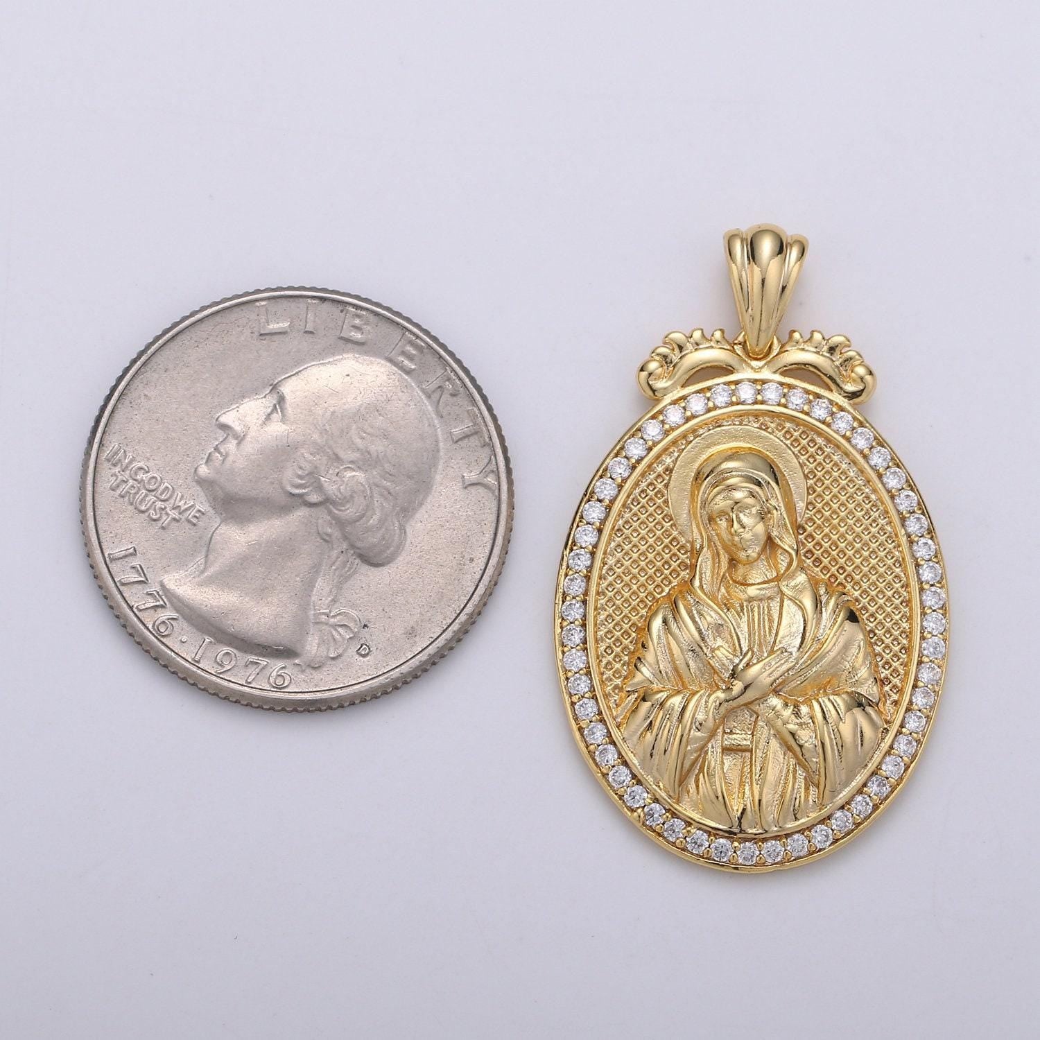 Del- gold filled holy mary lady of guadalupe gold oval with cubic zircon crystal pendants j-120