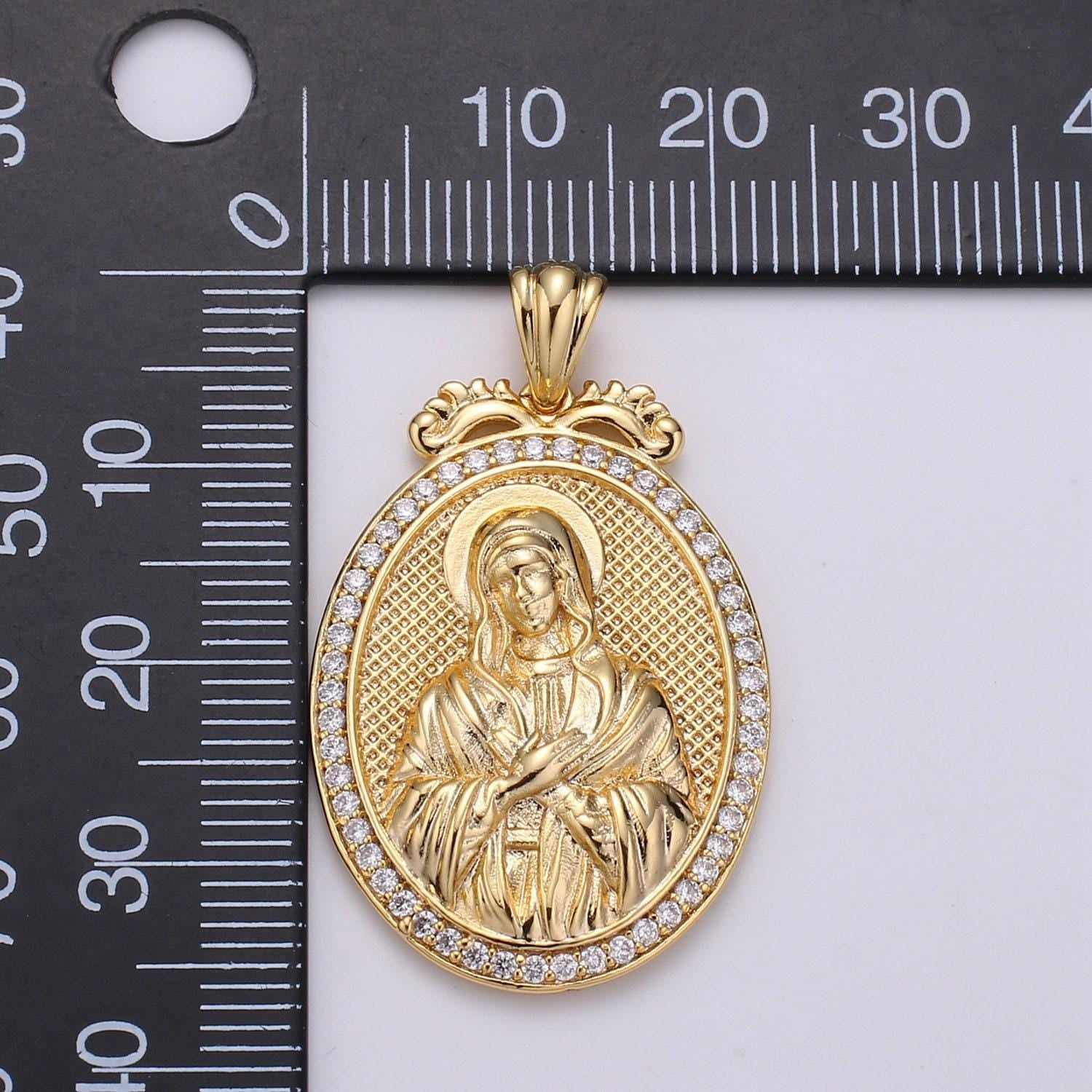 Del- gold filled holy mary lady of guadalupe gold oval with cubic zircon crystal pendants j-120