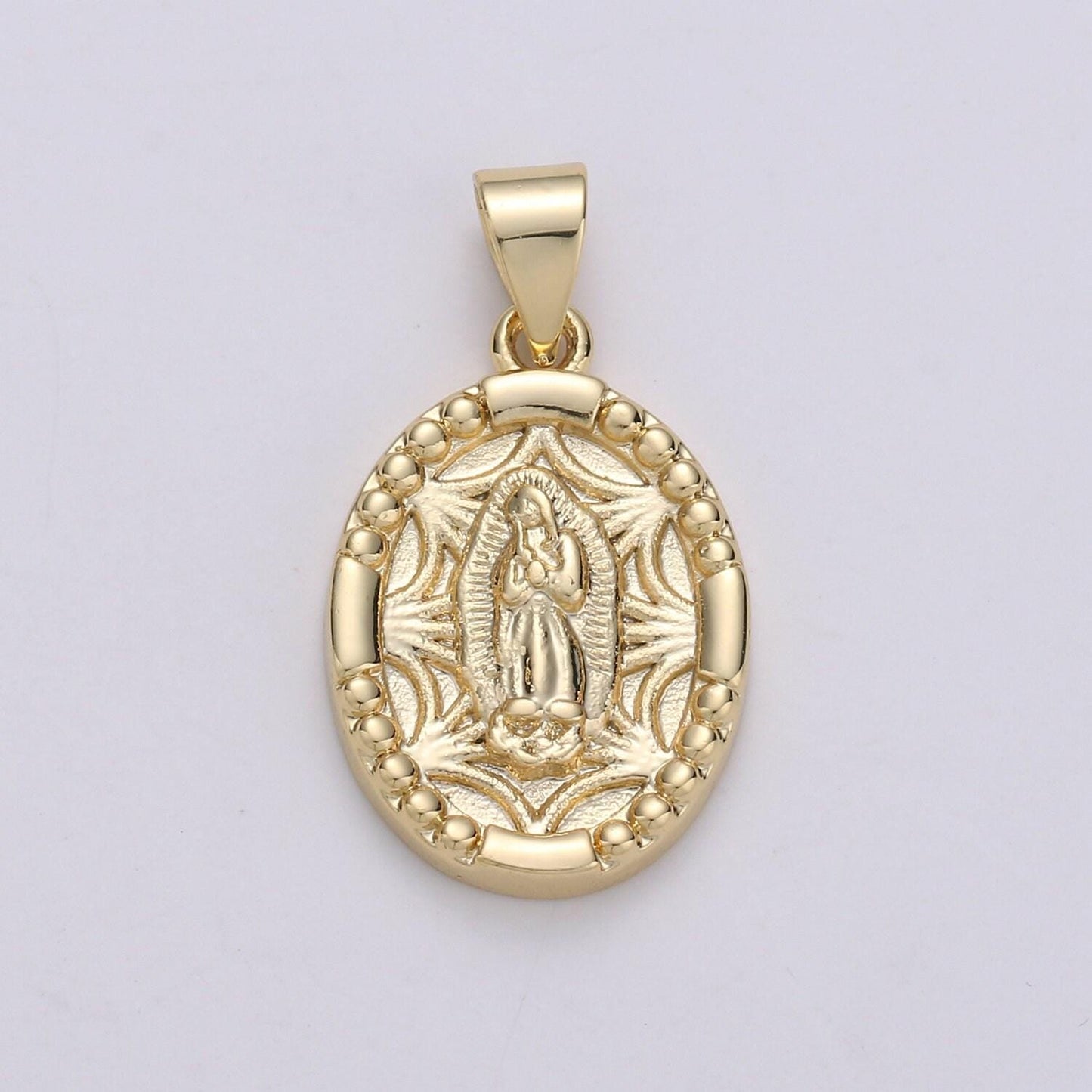 Blessed virgin mary 14k gold charm mother mary pendant oval mother mary pendant for necklace bracelet rosary earring making