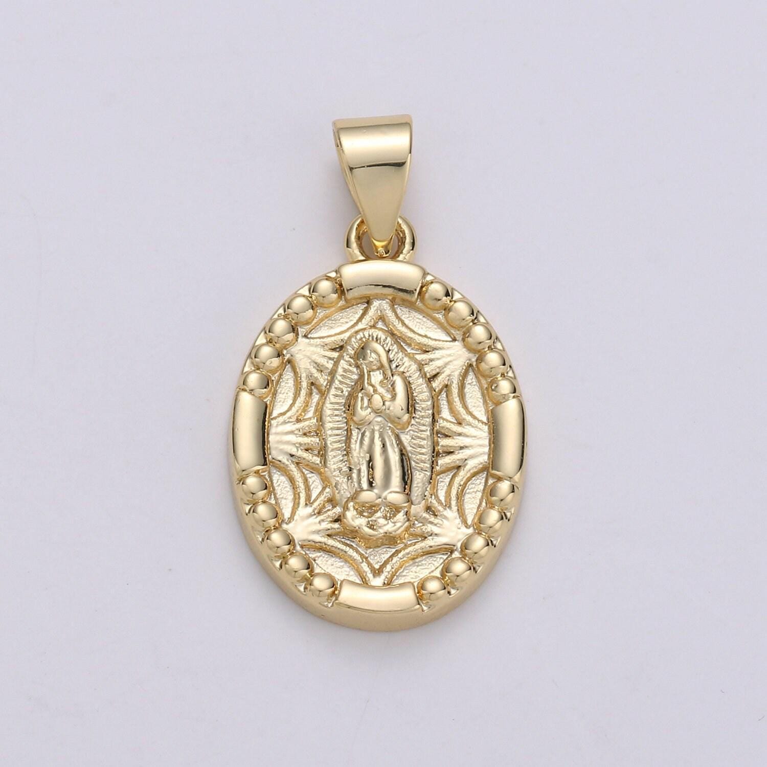 Blessed virgin mary 14k gold charm mother mary pendant oval mother mary pendant for necklace bracelet rosary earring making