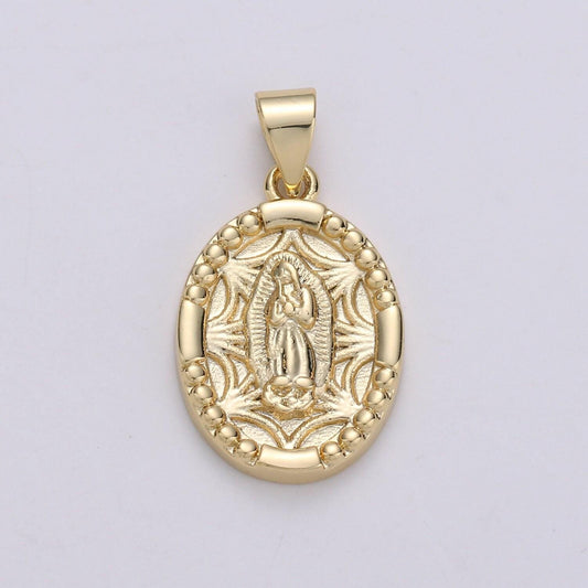 Blessed virgin mary 14k gold charm mother mary pendant oval mother mary pendant for necklace bracelet rosary earring making