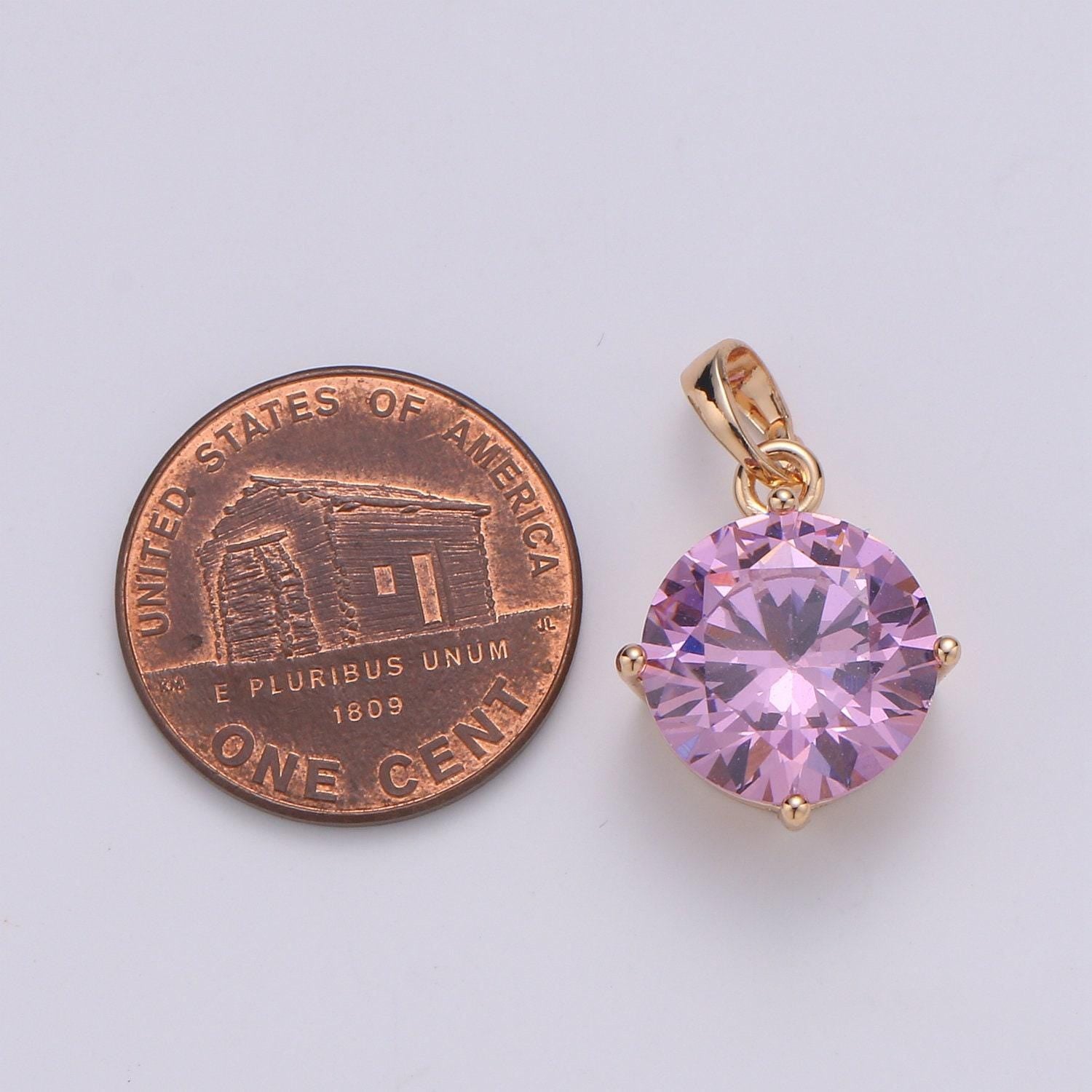 Amethyst zirconia 18k gold pendant, solitaire pink cubic charm for easy self-making jewelry, sophisticate pendant, pdgf-1984