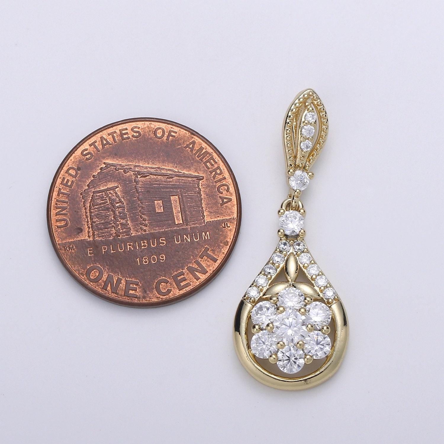 Pear shape design 14k gold charm, micro pave charm, cluster cz pendant charm, waterdrop cubic zirconia charm, pdgf-1966