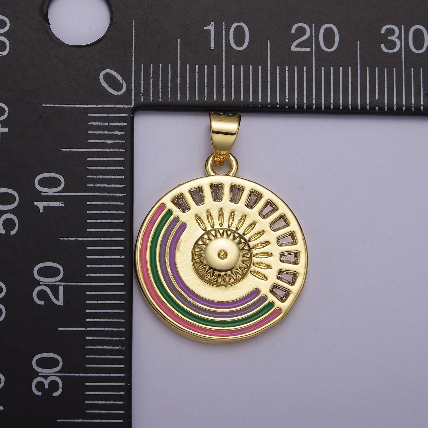 Gold rainbow medallion pendant round disc celestial jewelry for necklace earring charm j-069