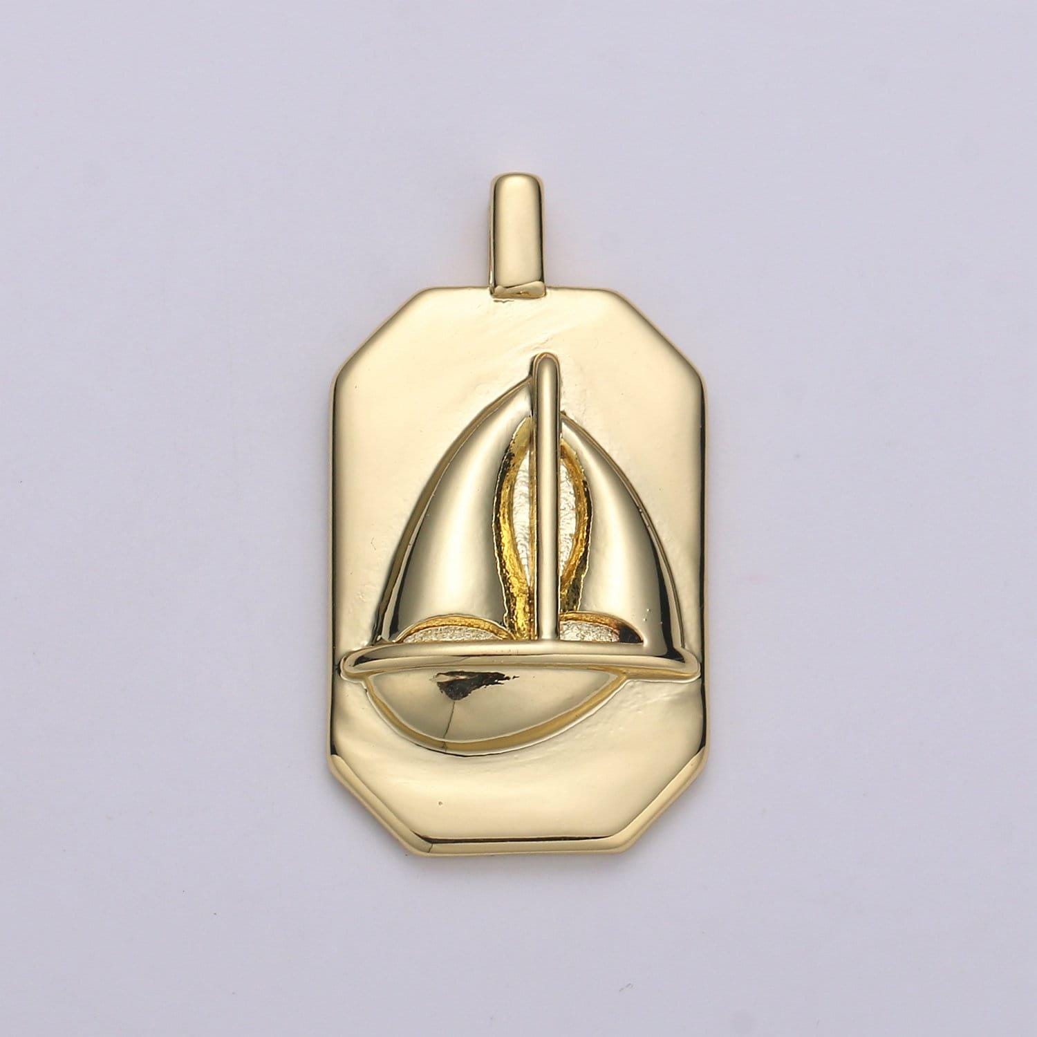 14k gold sailboat charm- rectangle medallion sailboat pendant - dainty charm - for necklace bracelet earring component | j-034