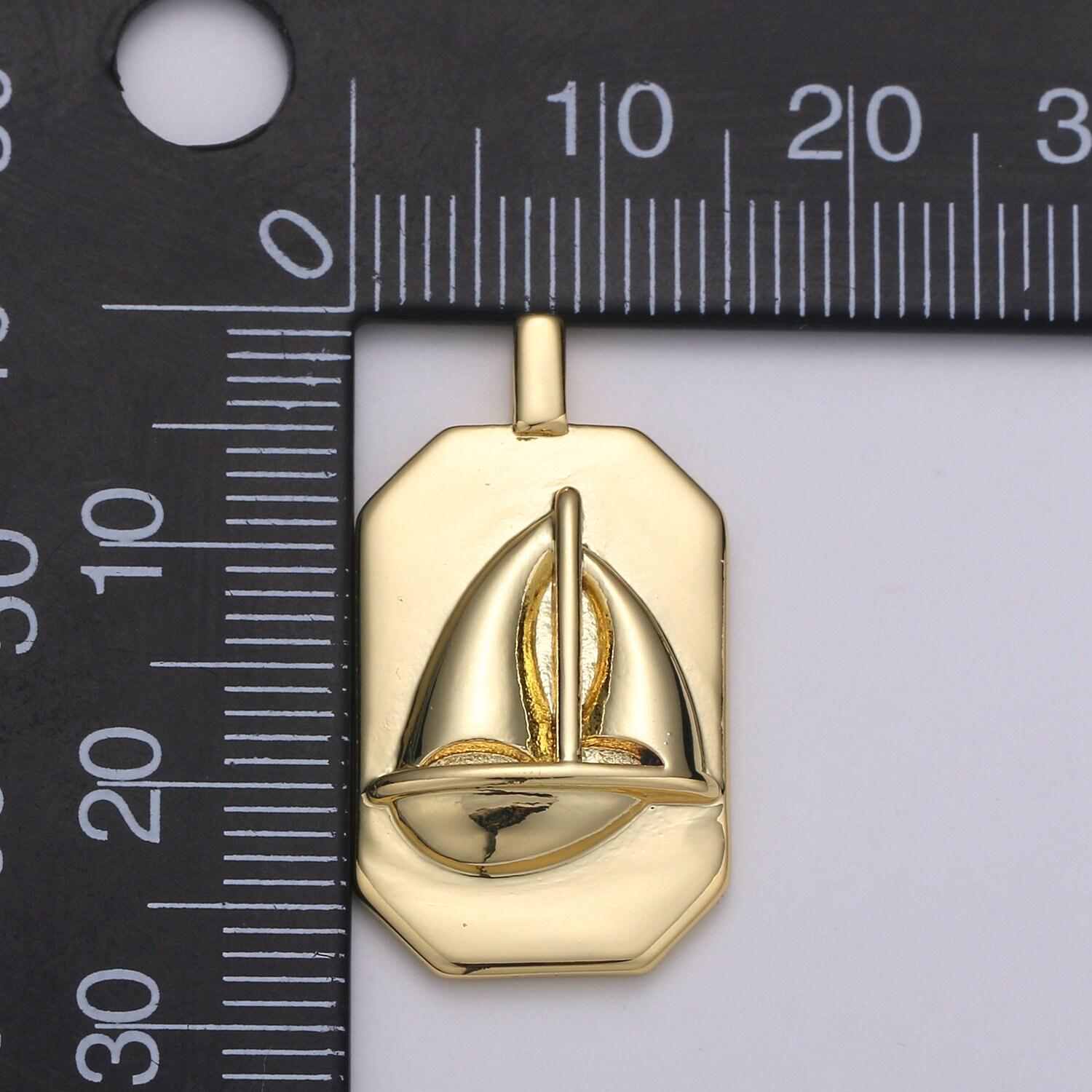 14k gold sailboat charm- rectangle medallion sailboat pendant - dainty charm - for necklace bracelet earring component | j-034