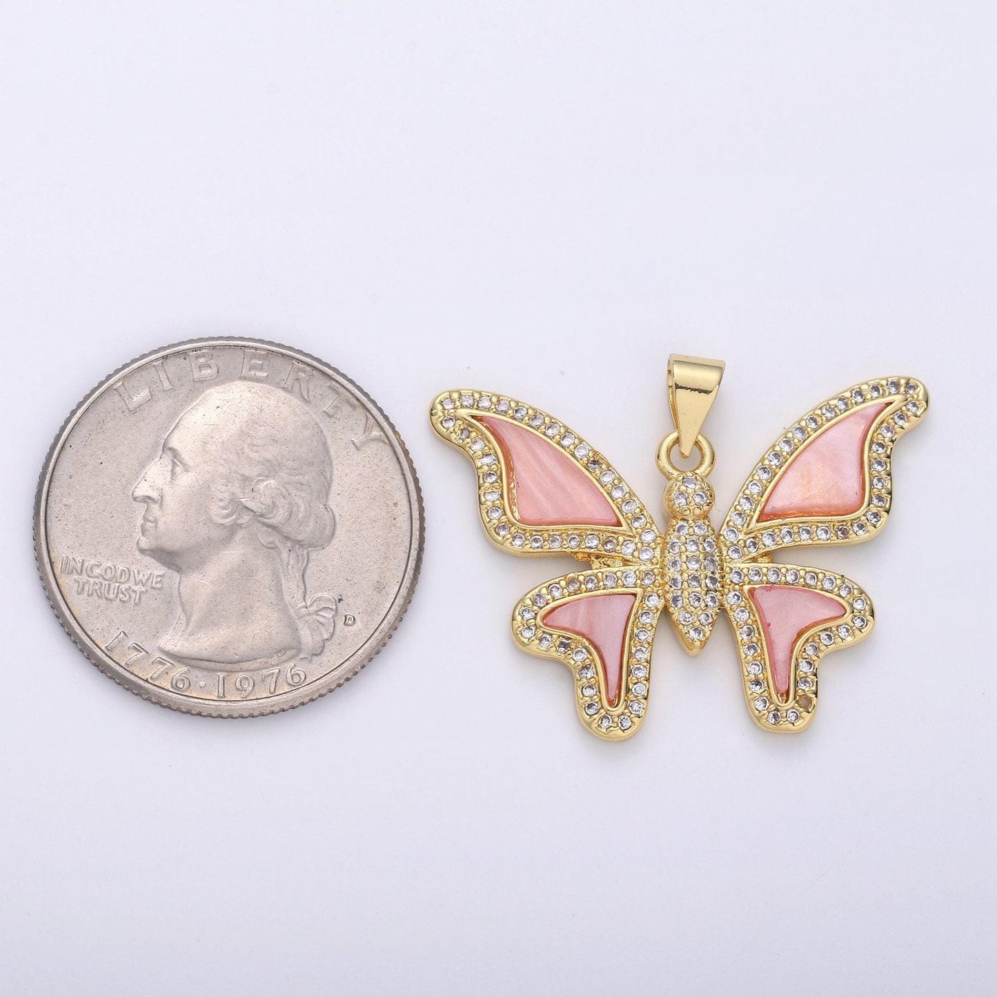 Large mariposa butterfly charm pink pearl butterfly charm acrylic pendant for necklace component real gold plated tarnish free i-872
